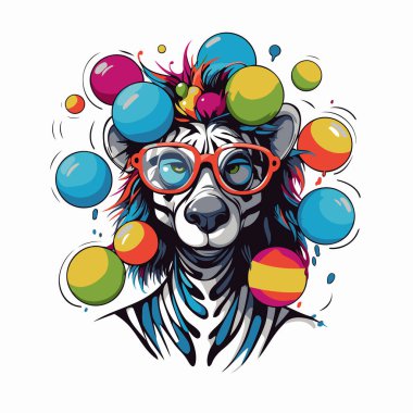 Palyaço şapkası ve renkli toplar vektör çizimi çizimi olan sevimli bulldog.