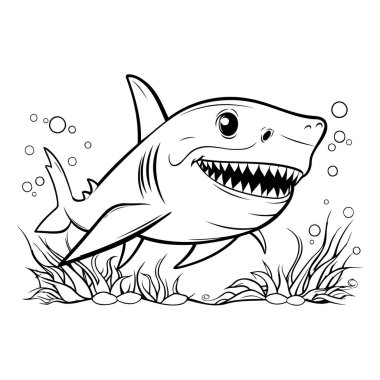 Okyanustaki bir köpekbalığının siyah-beyaz çizimi. Çizgi film biçimi.