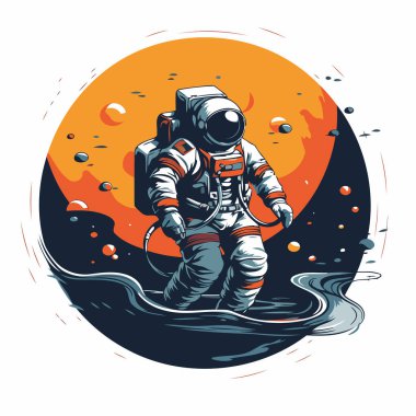 Gezegenin arka planında bir astronot. Vektör illüstrasyonu.