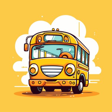 Sarı arka planda çizgi film okul otobüsü. Düz biçimli vektör illüstrasyonu.