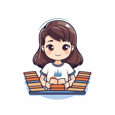 Kitap okuyan sevimli küçük bir kız. Vektör çizimi. Çizgi film biçimi.