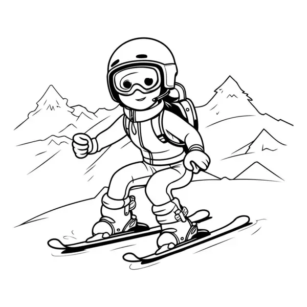 戴着头盔和护目镜滑行下山的滑雪者 矢量说明 — 图库矢量图片