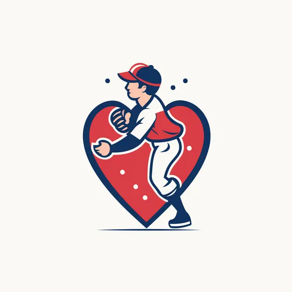 Basebollspelare Med Boll Och Racket Hjärtform Vektorillustration — Stock vektor