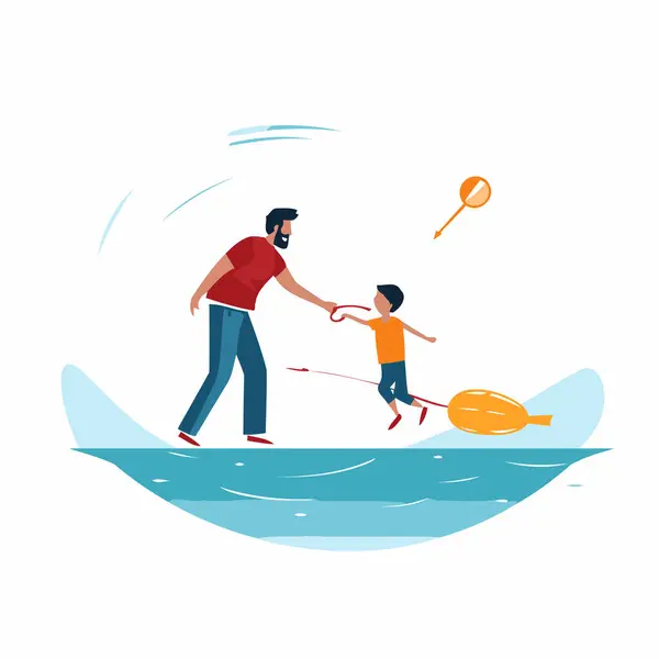 Father Son Fishing Together Flat Style Vector Illustration White Background — Stock Vector