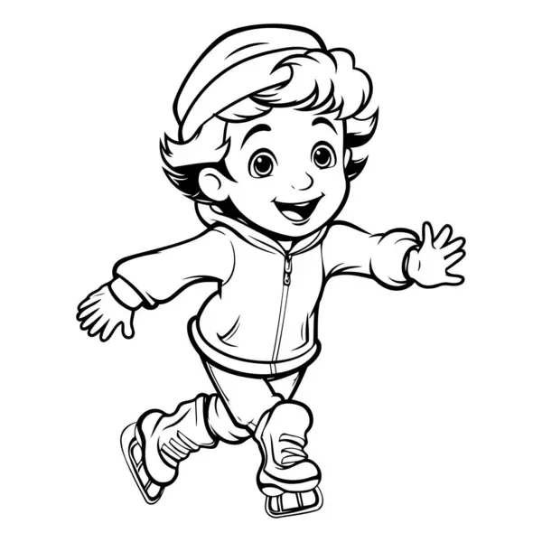 Boy Roller Skating Ilustração Dos Desenhos Animados Preto Branco Vetor — Vetor de Stock