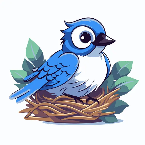 Oiseau Bleu Dans Nid Illustration Vectorielle Isolée Sur Fond Blanc — Image vectorielle