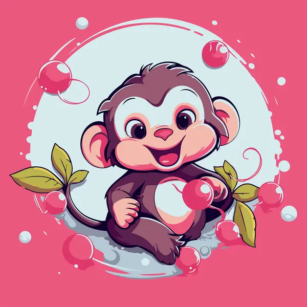 Słodka Małpa Wisienką Różowym Tle Ilustracja Wektora — Wektor stockowy