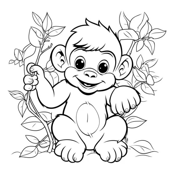 Coloring Book Children Baby Monkey Branch Flowers — Stock Vector