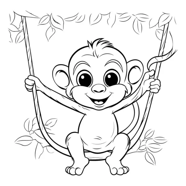 Cute Baby Monkey Sitting Swing Vector Illustration Coloring Book — Stock Vector