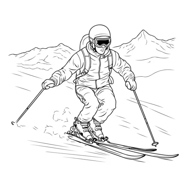 Skier Skiing Downhill Mountains Black White Vector Illustration — Stock Vector