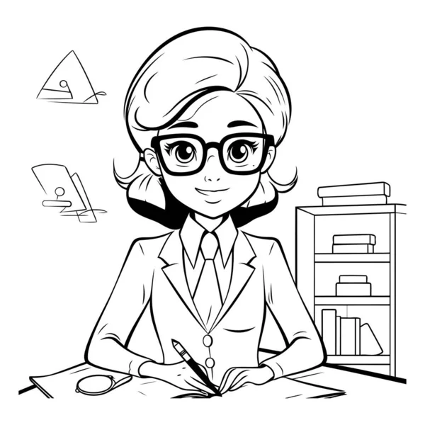 Mujer Negocios Trabajando Oficina Ilustración Vectorial Blanco Negro — Vector de stock