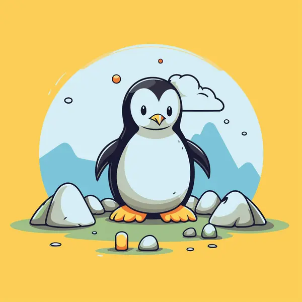 Pinguim Bonito Sentado Rocha Ilustração Dos Desenhos Animados Vetoriais — Vetor de Stock