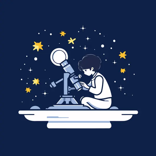 Vector Illustration Boy Telescope Night Sky — Stock Vector