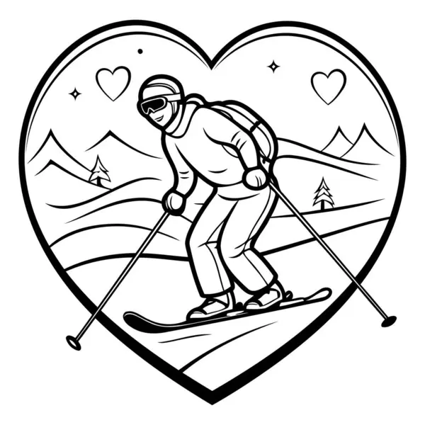 Ilustração Esquiador Esquiando Frente Fundo Forma Coração — Vetor de Stock