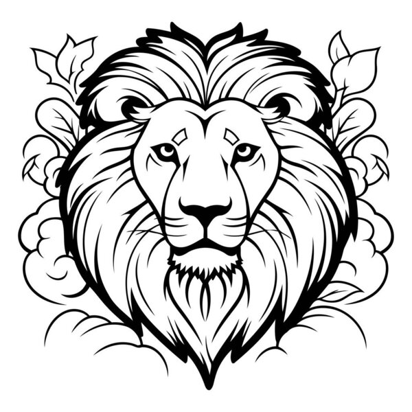 Lion head with floral ornament. Vector illustration in black and white.