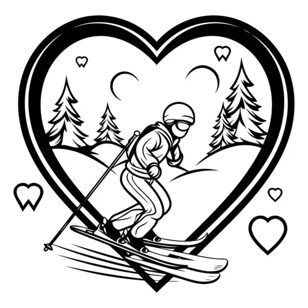 Ilustração Preto Branco Esquiador Forma Coração — Vetor de Stock