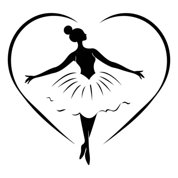 Silhueta Bailarina Coração Ilustração Vetorial Preto Branco — Vetor de Stock