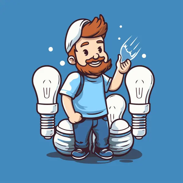 Vector Illustration Man Lightbulbs Cartoon Character — Stock Vector