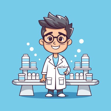 Kimyasal test tüpleri olan sevimli çizgi film bilim adamı. Mavi arkaplanda vektör illüstrasyonu.