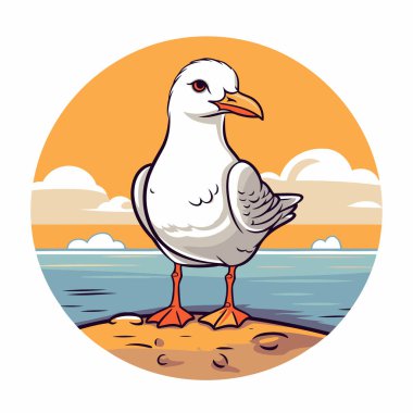 Sahildeki martı. Çizgi film tarzında vektör illüstrasyonu.