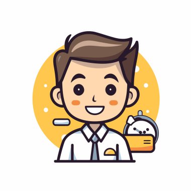 Çalar saati olan bir öğrencinin çizim vektör grafiği. Ağ için çizgi tasarımı. site. Reklamcılık. Pankart. poster. tahta ve yazdırma.