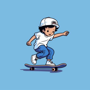Kaykay süren bir çocuk. Vektör çizimi. Mavi arkaplanda izole.