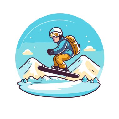 Dağlarda kayak yapan bir snowboardcu. Çizgi film tarzında vektör illüstrasyonu.