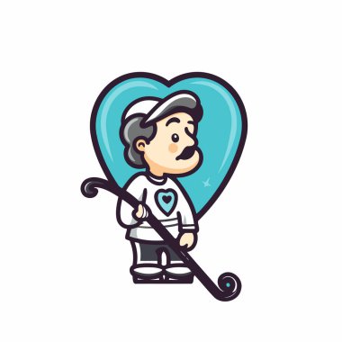 Bastonlu ve mavi kalpli bir büyükbabanın vektör çizimi.