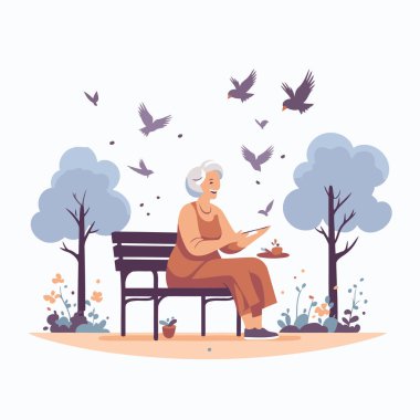Parktaki bankta oturan yaşlı kadın. Vektör illüstrasyonu