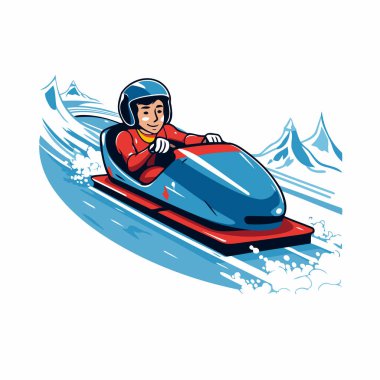 Kar motosikleti süren bir snowboardcu. Kış sporu. Vektör illüstrasyonu