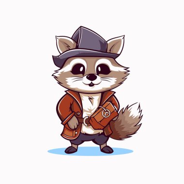 Şapka ve ceket giymiş şirin bir rakun. Vektör illüstrasyonu.