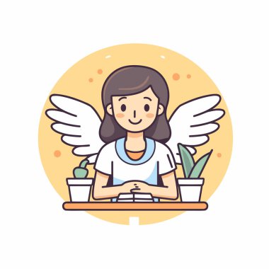 Kanatları ve kitabı olan genç bir kızın tasviri. Vektör illüstrasyonu.