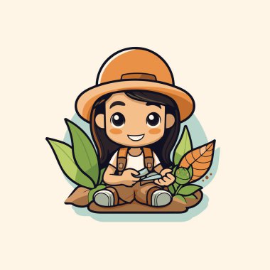 Küçük sevimli kaşif kız kütüğün üzerinde oturuyor. Vektör illüstrasyonu.