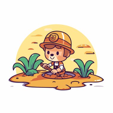 Kumsalda pipo çalan sevimli bir çocuk. Vektör illüstrasyonu.