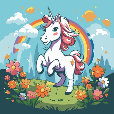 Çiçekler ve gökkuşağıyla çayırda tek boynuzlu at. Vektör illüstrasyonu.