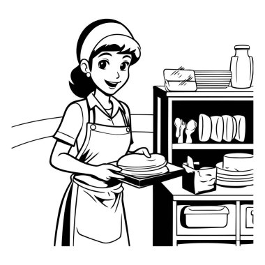 Ekmek karikatürlü fırıncı kadın siyah beyaz vektör illüstrasyon grafik tasarımı