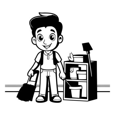 Temizlikçi karikatürü siyah beyaz vektör illüstrasyon grafik tasarımı.