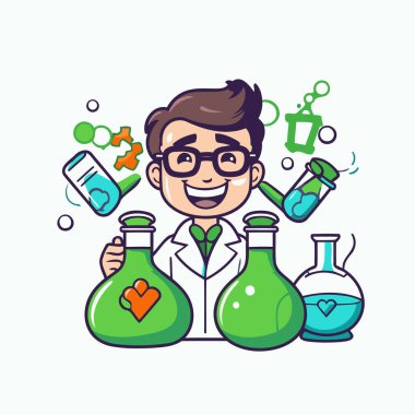 Kimyasal mataralar tutan bir bilim adamı. Tasarımınız için vektör illüstrasyonu.