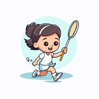 Badminton oynayan tatlı küçük kız. Vektör çizgi film illüstrasyonu.