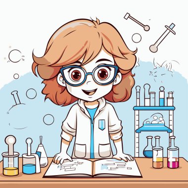 Laboratuvardaki kız bilim adamı. Bir kız bilim adamının vektör çizimi.