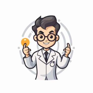Karikatür çizen, gözlüklü, ampullü bir erkek doktorun vektör çizimi..