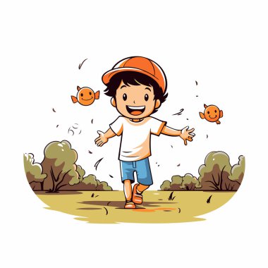 Parkta koşan küçük çocuk. Beyaz arkaplanda vektör illüstrasyonu.