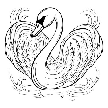 Kuğu. Boyama kitabı sayfası için siyah ve beyaz vektör çizimi.