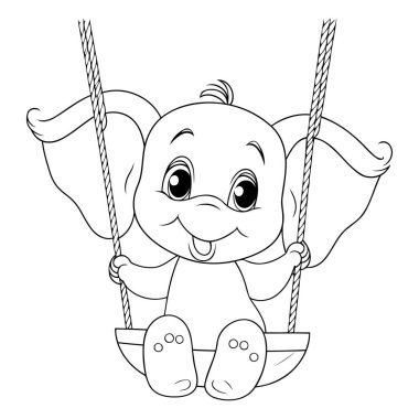 Salıncakta sallanan sevimli bebek fil. Çocuklar için boyama kitabı.