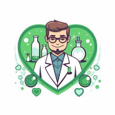 Yeşil kalpli bir bilim adamı. Çizgi film tarzında vektör illüstrasyonu.