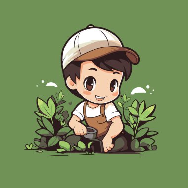 Bahçede çalışan küçük bir çocuk. Sevimli çizgi film karakterinin vektör illüstrasyonu.