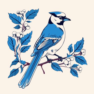 Blue tit bird on branch with flowers. Hand drawn vector illustration.