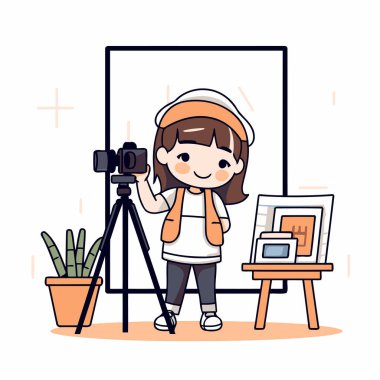 Elinde fotoğraf makinesi olan küçük bir kız. Çizgi film tarzında vektör illüstrasyonu.