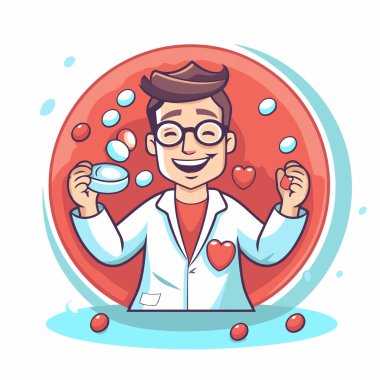 Elinde hap tutan bir karikatür doktorunun vektör çizimi..