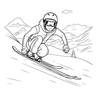 Dağlarda snowboardcu. skeç vektör grafikleri tek renkli